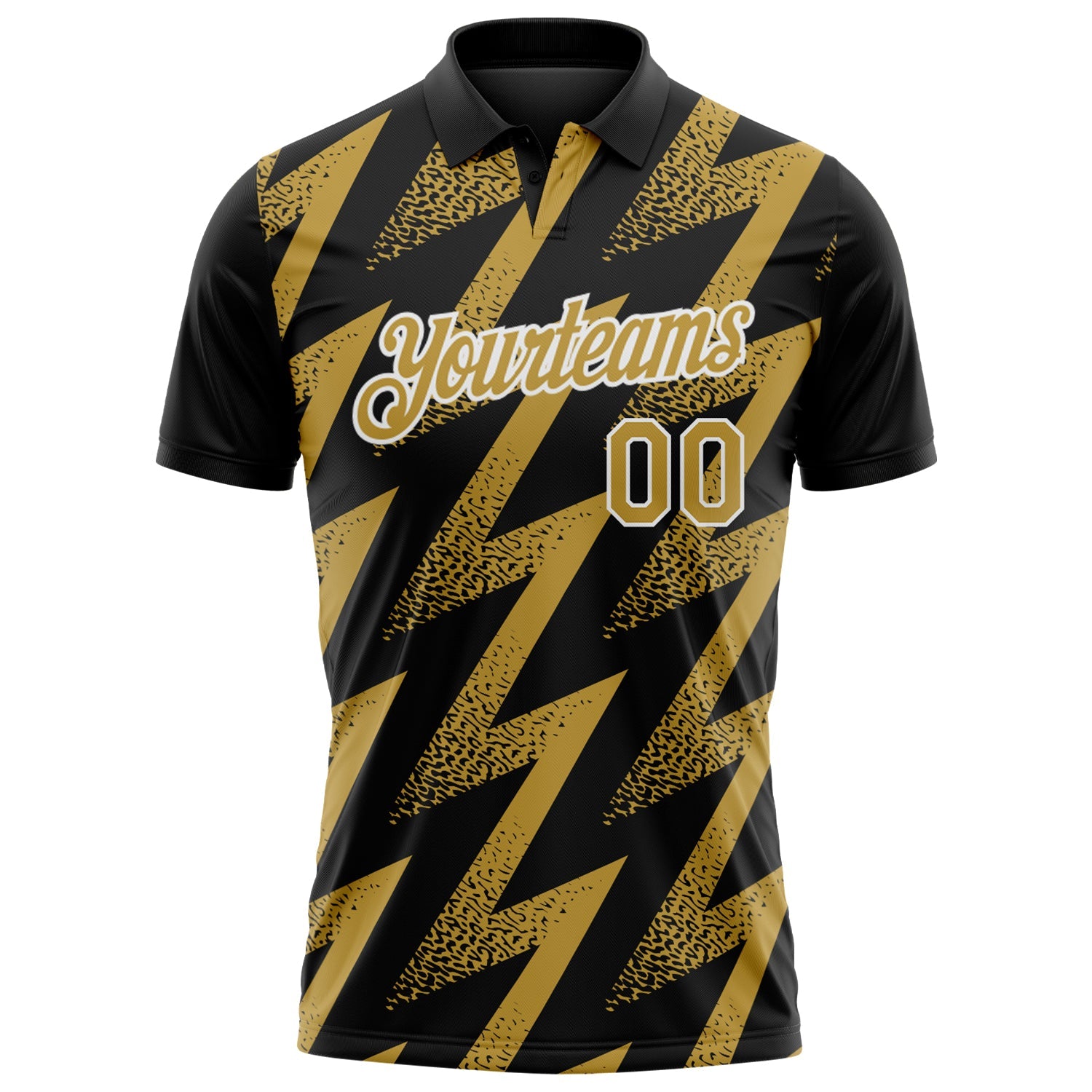 Custom Black Old Gold-White Geometric Zigzag Shape Lightning Performance Polo Shirt view 2