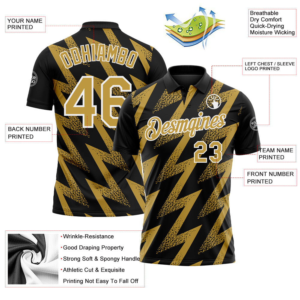 Custom Black Old Gold-White Geometric Zigzag Shape Lightning Performance Polo Shirt view 3