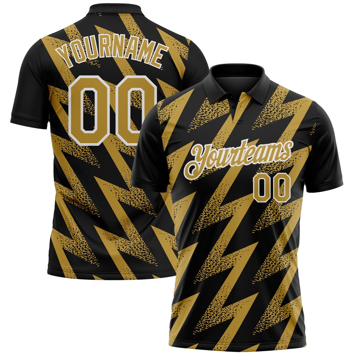 Custom Black Old Gold-White Geometric Zigzag Shape Lightning Performance Polo Shirt - Main View