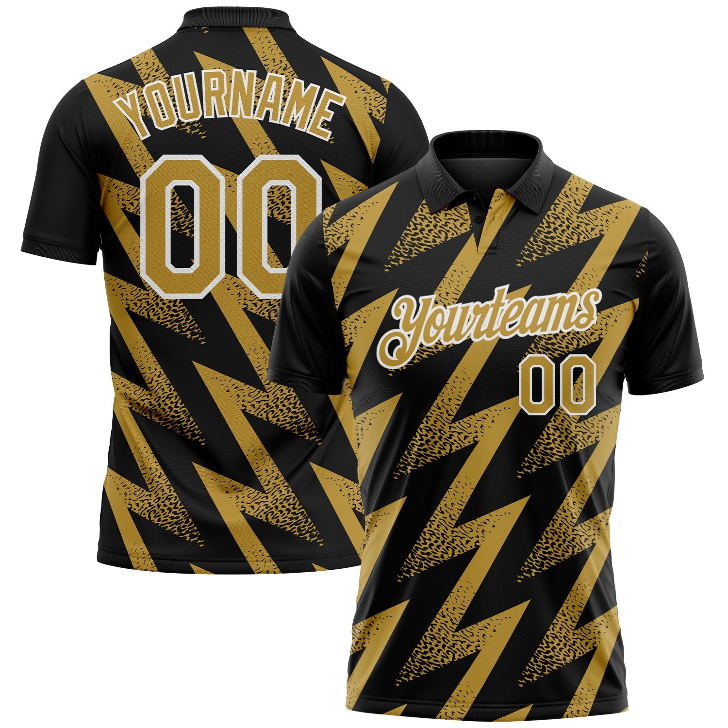Custom Black Old Gold-White Geometric Zigzag Shape Lightning Performance Polo Shirt - Main View