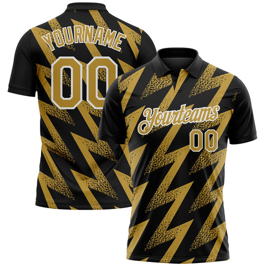 Custom Black Old Gold-White Geometric Zigzag Shape Lightning Performance Polo Shirt - Main View