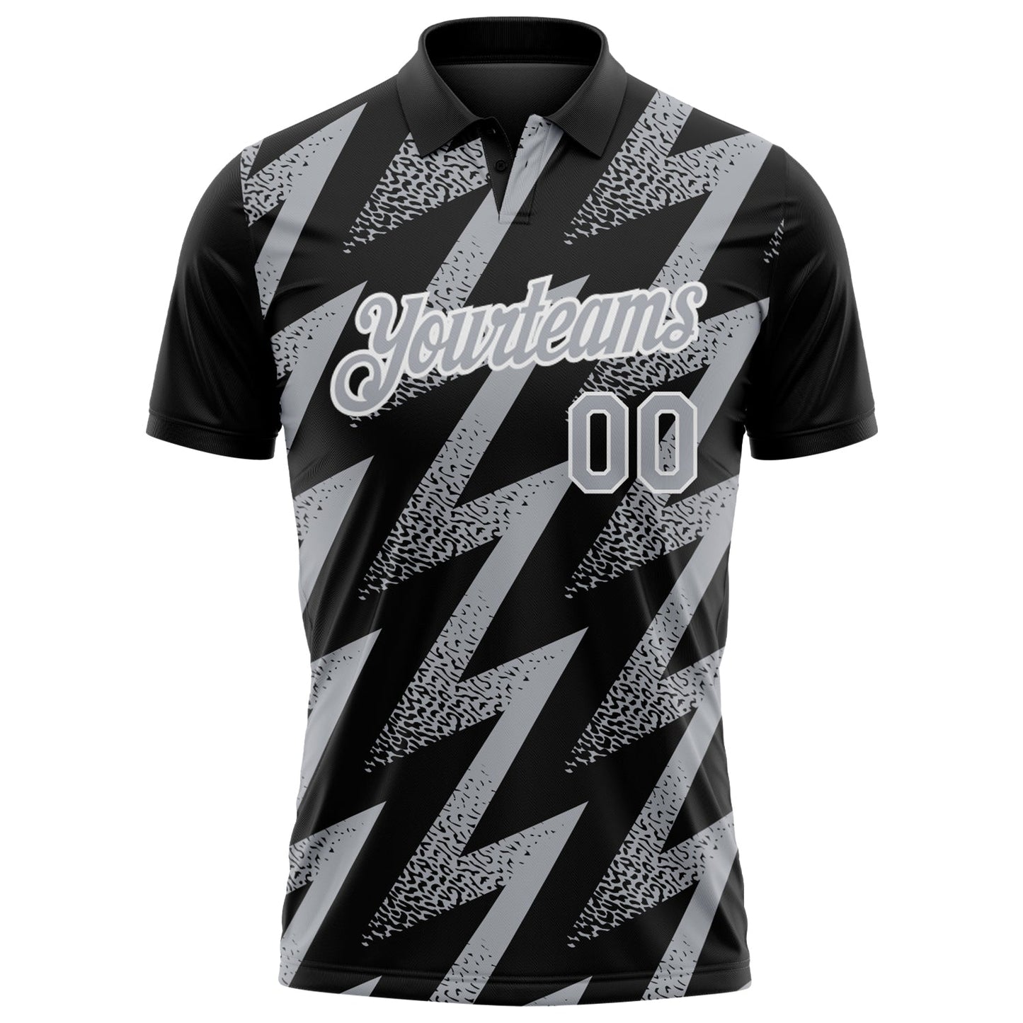 Custom Black Gray-White Geometric Zigzag Shape Lightning Performance Polo Shirt view 2