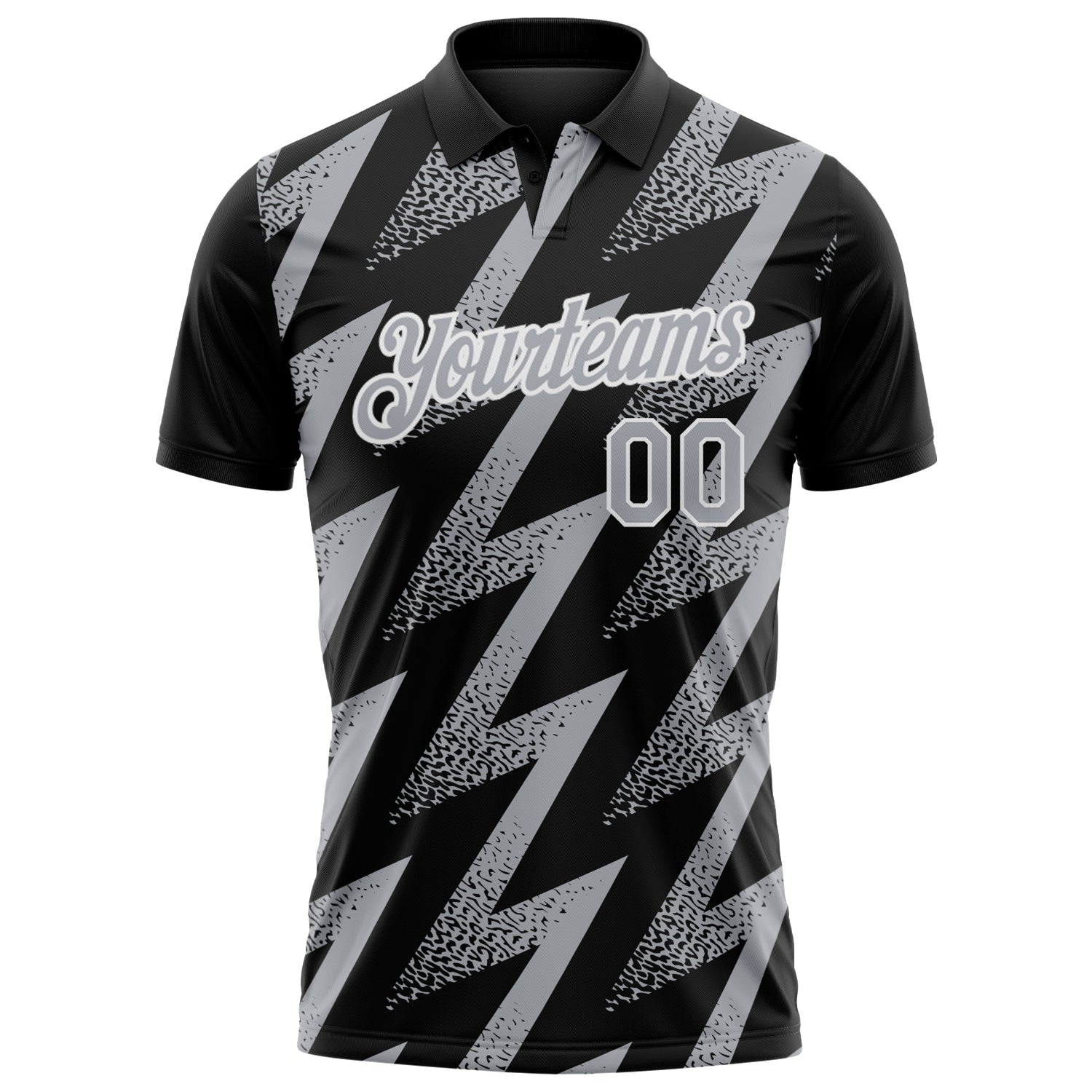 Custom Black Gray-White Geometric Zigzag Shape Lightning Performance Polo Shirt view 2