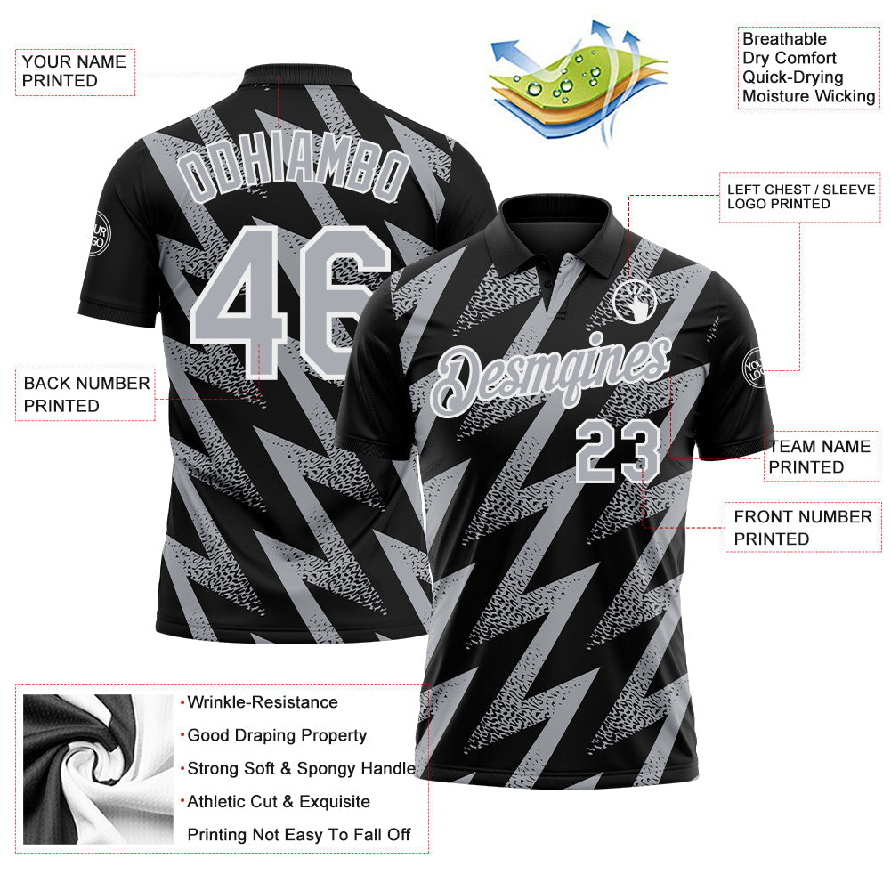 Custom Black Gray-White Geometric Zigzag Shape Lightning Performance Polo Shirt view 3