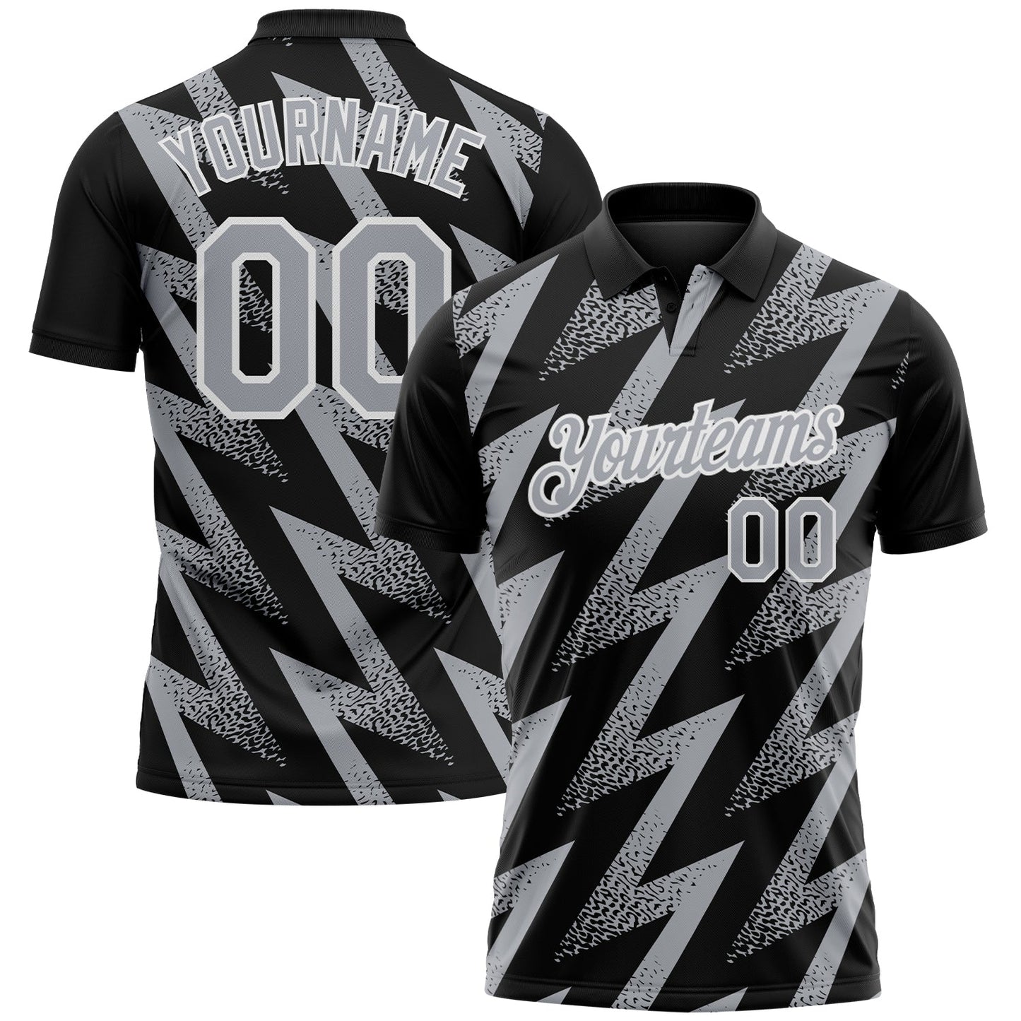 Custom Black Gray-White Geometric Zigzag Shape Lightning Performance Polo Shirt - Main View