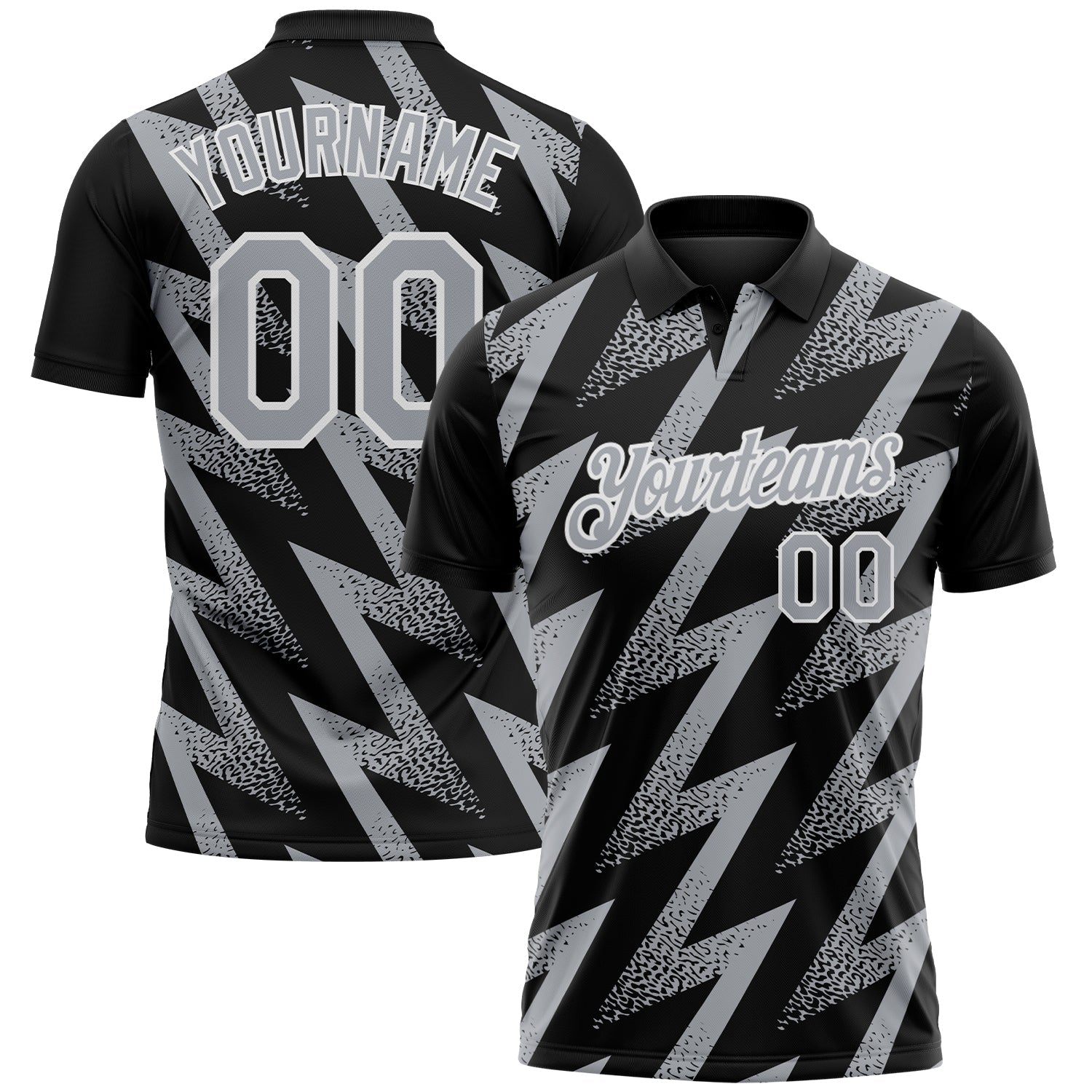 Custom Black Gray-White Geometric Zigzag Shape Lightning Performance Polo Shirt - Main View