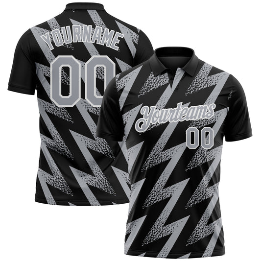 Custom Black Gray-White Geometric Zigzag Shape Lightning Performance Polo Shirt - Main View