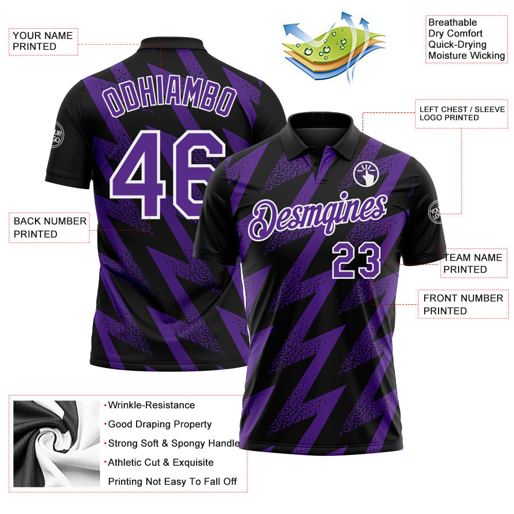 Custom Black Purple-White Geometric Zigzag Shape Lightning Performance Polo Shirt view 3