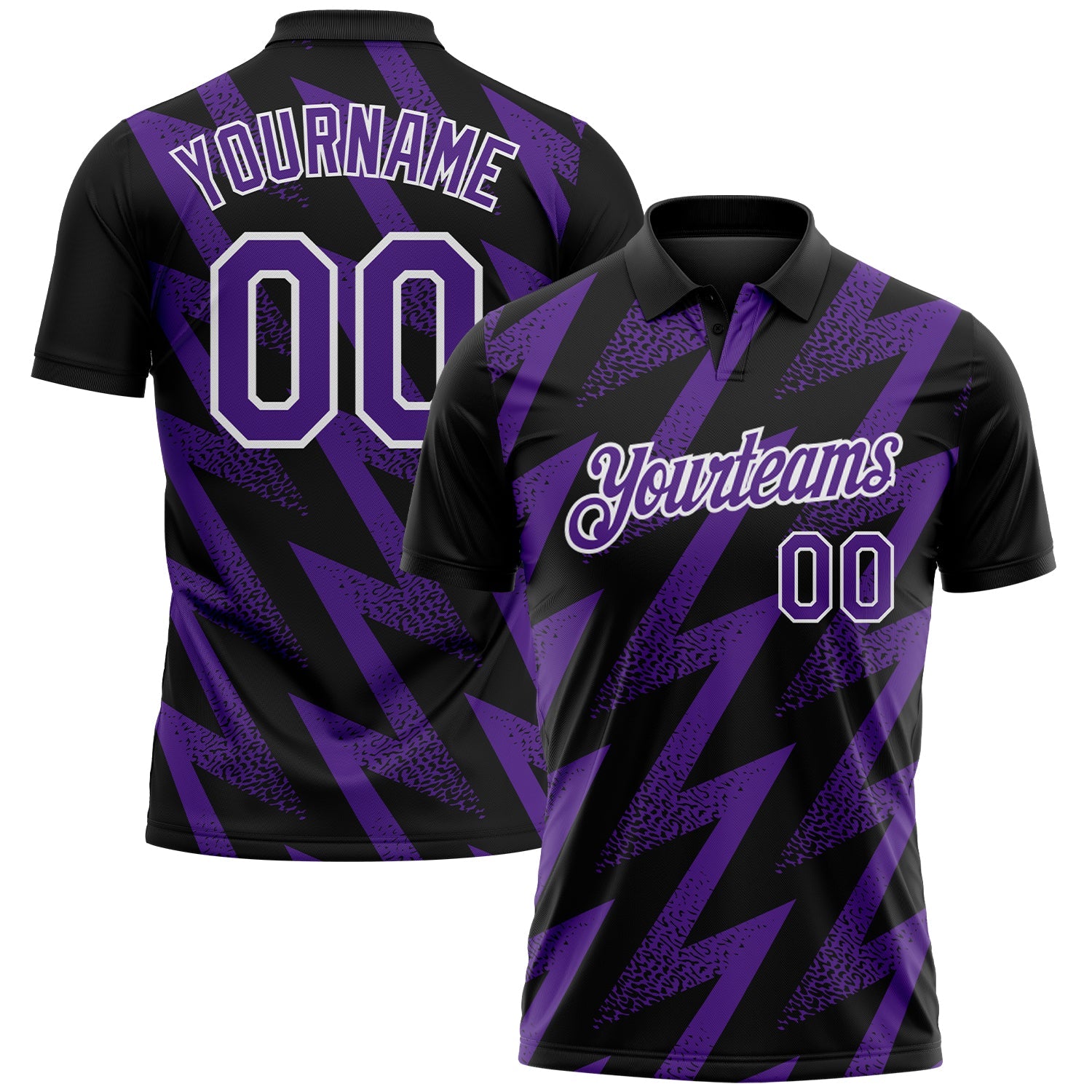 Custom Black Purple-White Geometric Zigzag Shape Lightning Performance Polo Shirt - Main View