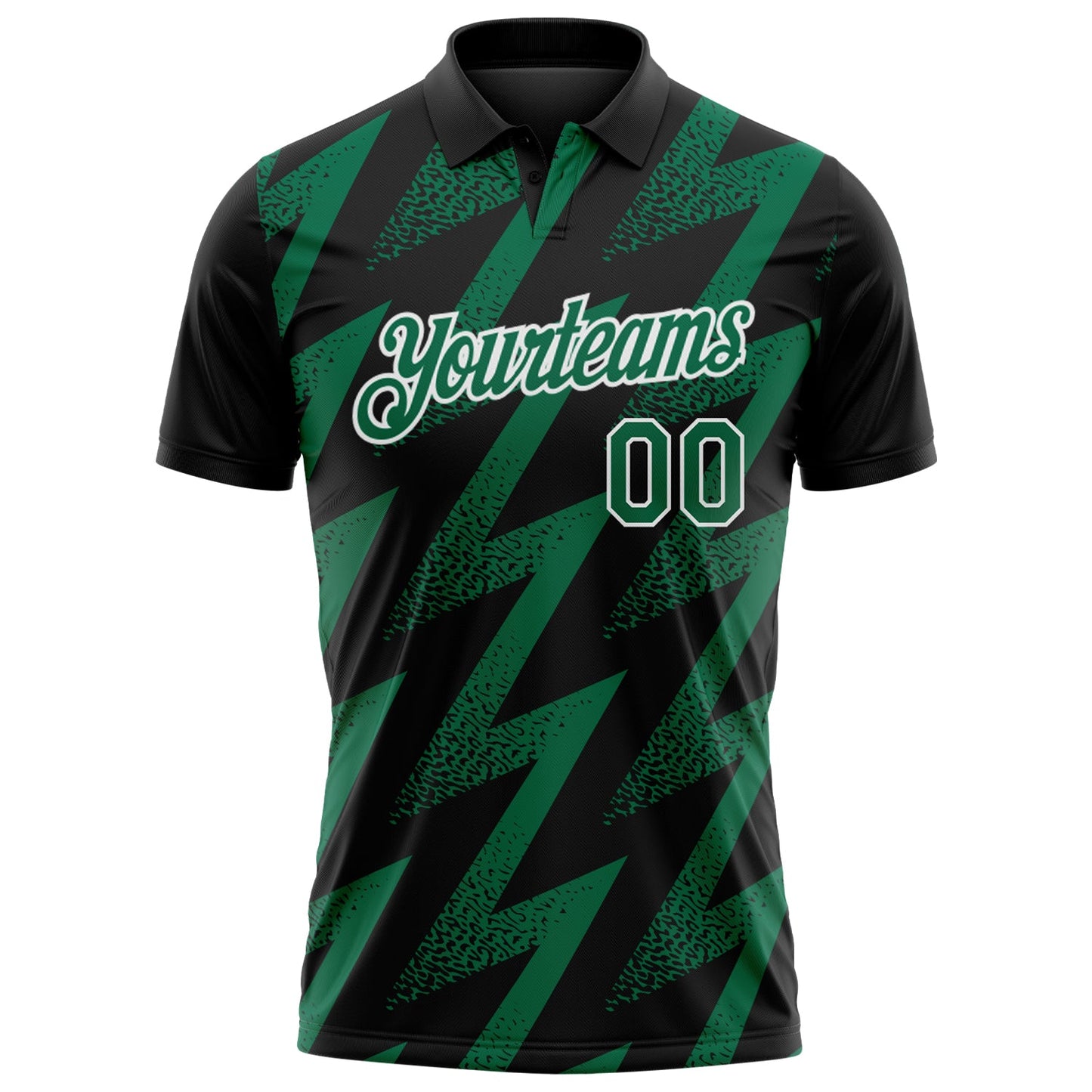 Custom Black Kelly Green-White Geometric Zigzag Shape Lightning Performance Polo Shirt view 2
