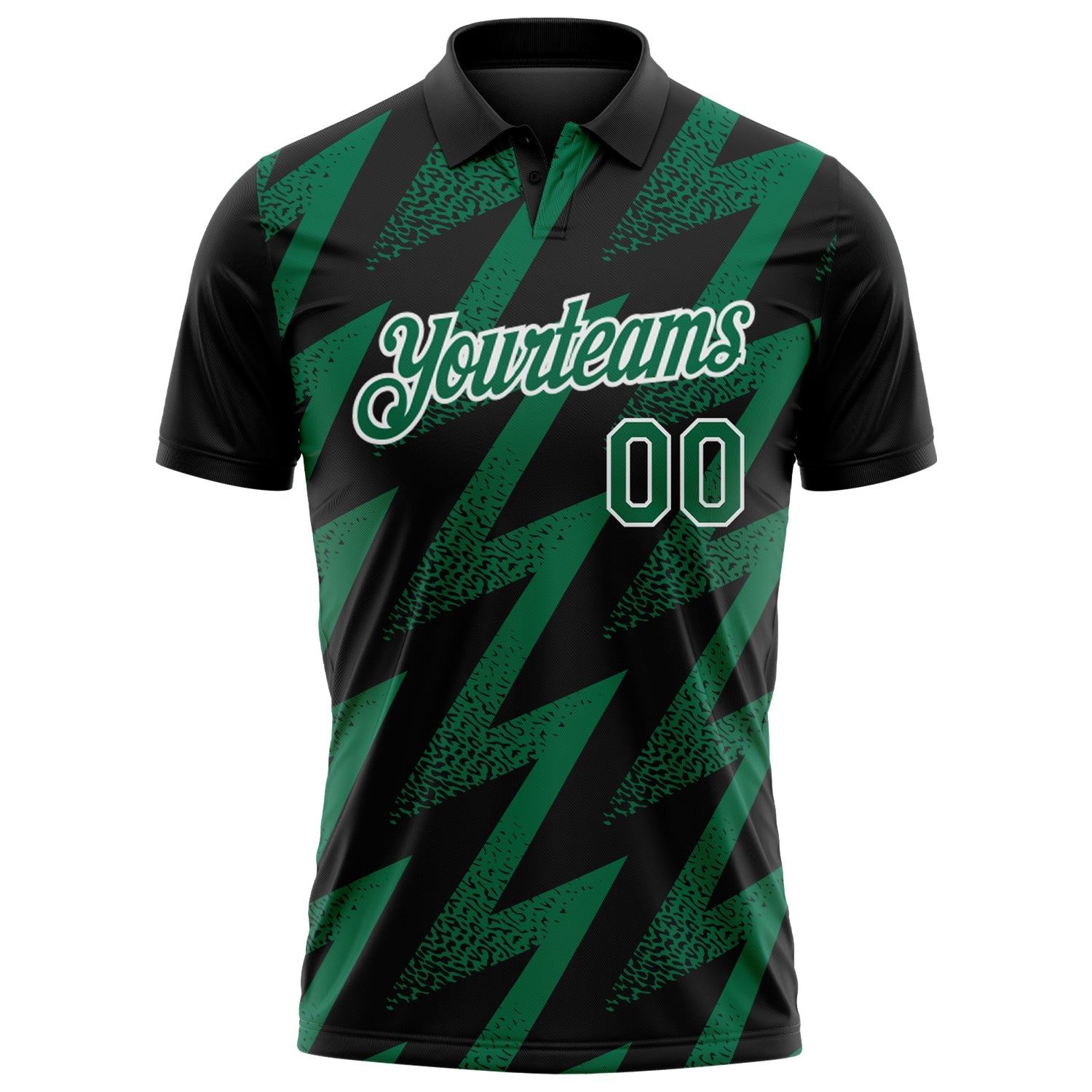 Custom Black Kelly Green-White Geometric Zigzag Shape Lightning Performance Polo Shirt view 2