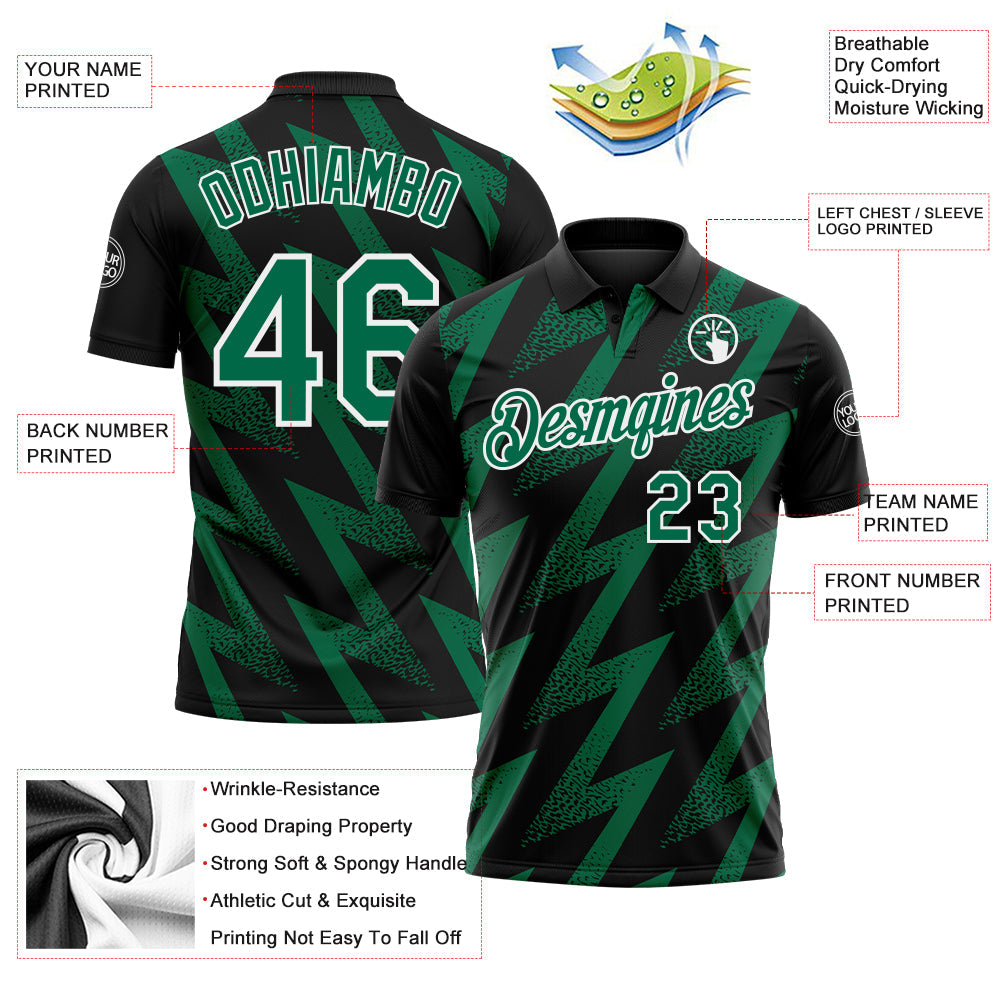 Custom Black Kelly Green-White Geometric Zigzag Shape Lightning Performance Polo Shirt view 3