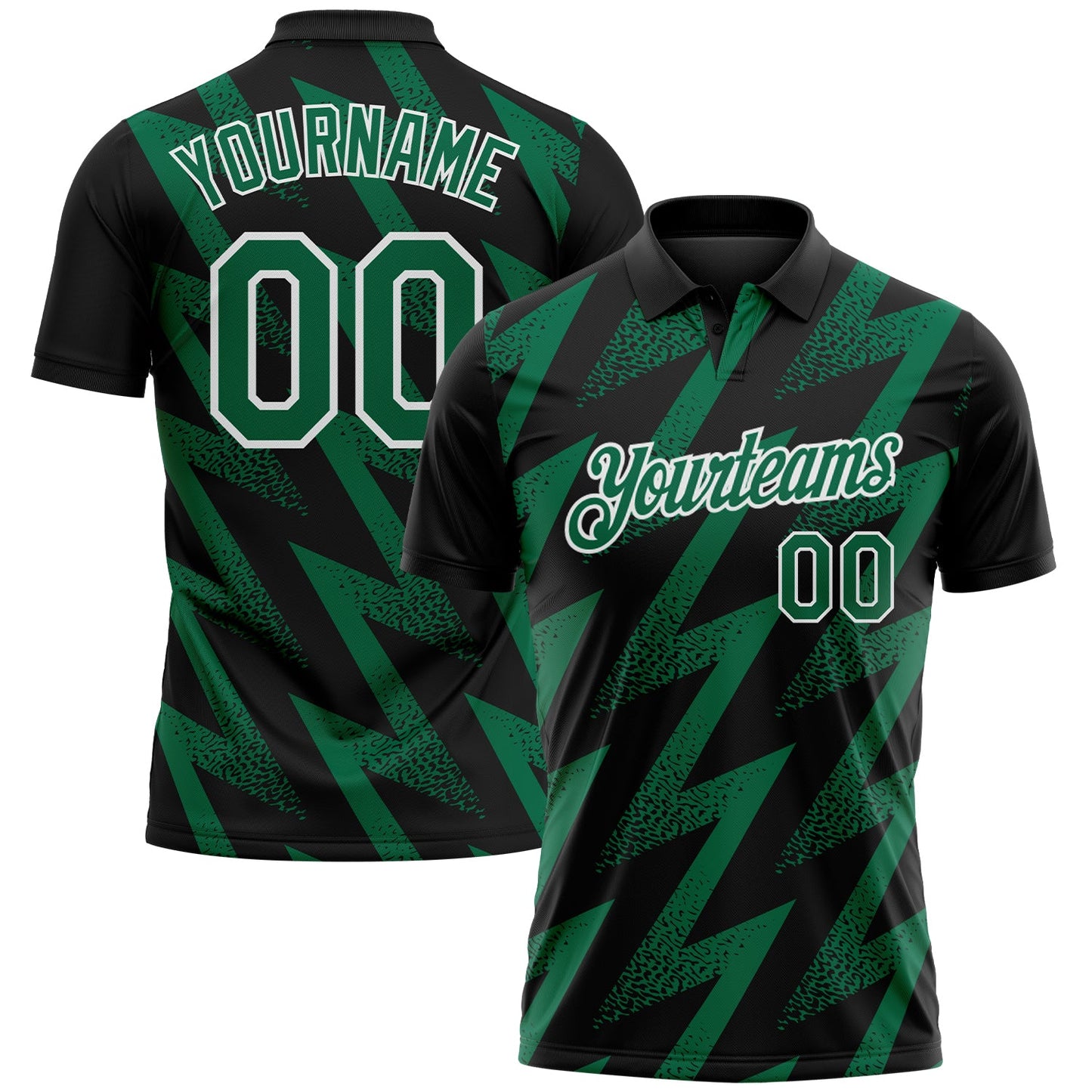 Custom Black Kelly Green-White Geometric Zigzag Shape Lightning Performance Polo Shirt - Main View