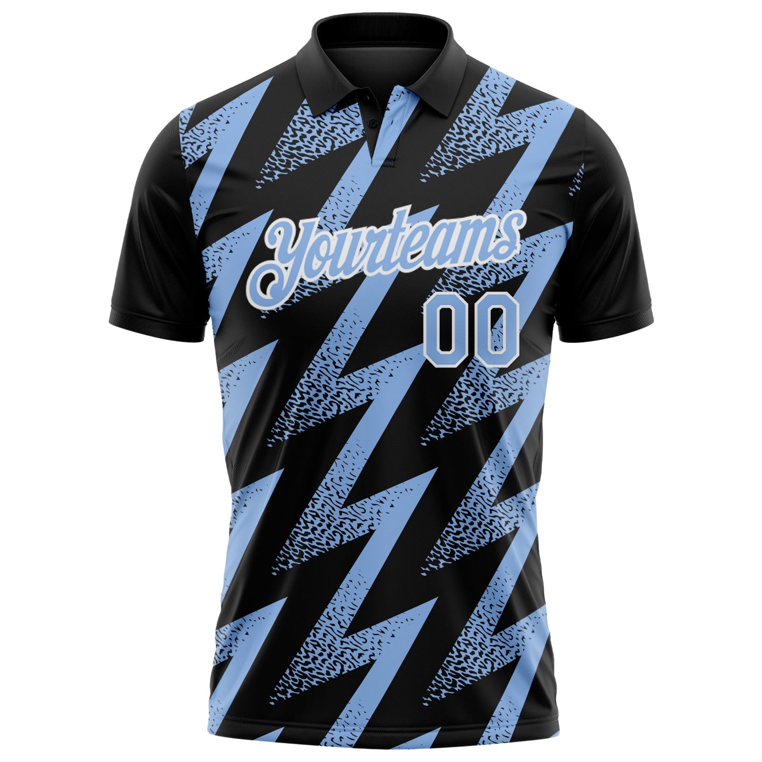 Custom Black Light Blue-White Geometric Zigzag Shape Lightning Performance Polo Shirt view 2