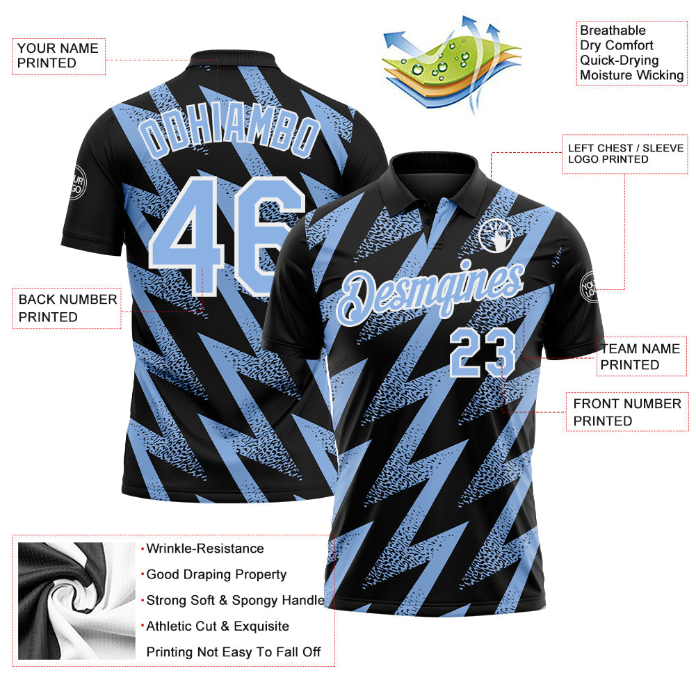 Custom Black Light Blue-White Geometric Zigzag Shape Lightning Performance Polo Shirt view 3