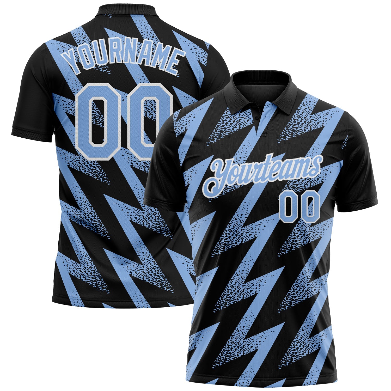 Custom Black Light Blue-White Geometric Zigzag Shape Lightning Performance Polo Shirt - Main View