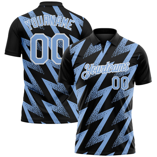 Custom Black Light Blue-White Geometric Zigzag Shape Lightning Performance Polo Shirt - Main View