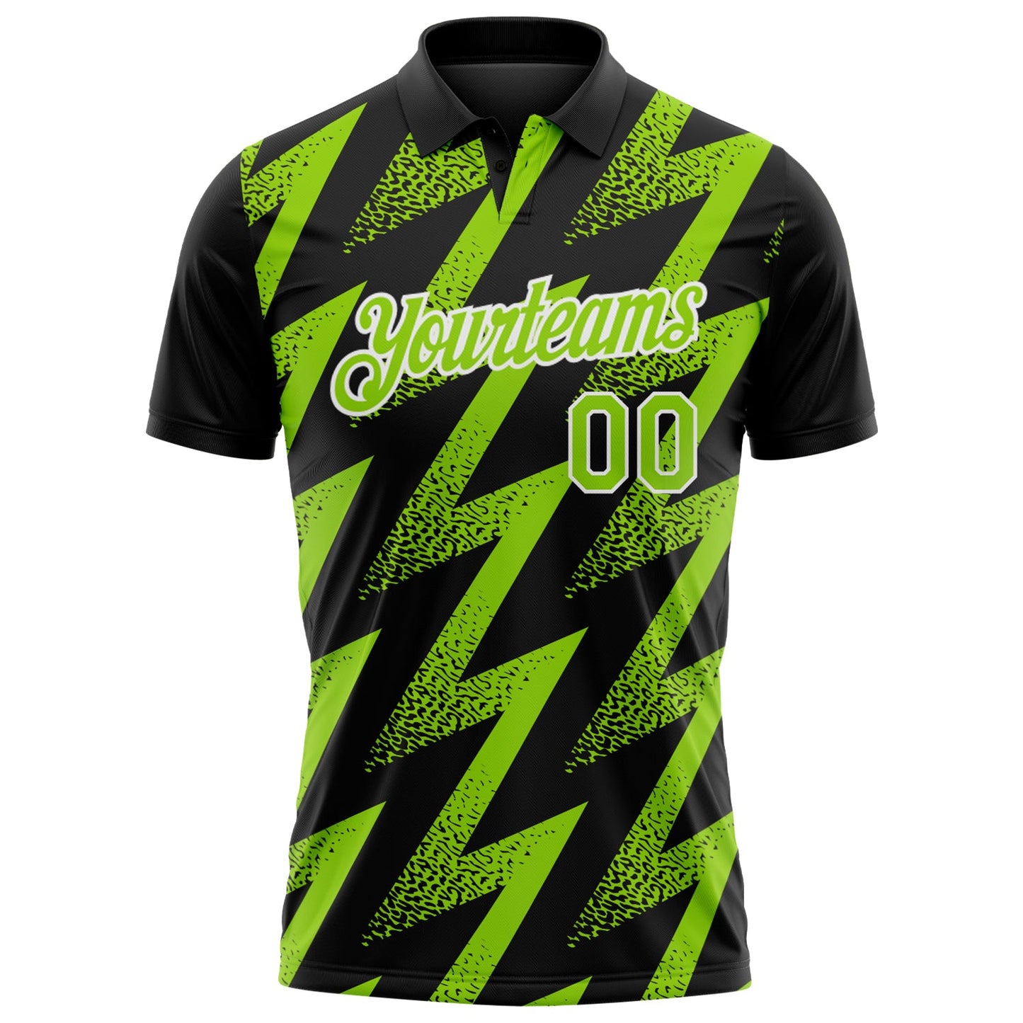 Custom Black Neon Green-White Geometric Zigzag Shape Lightning Performance Polo Shirt view 2