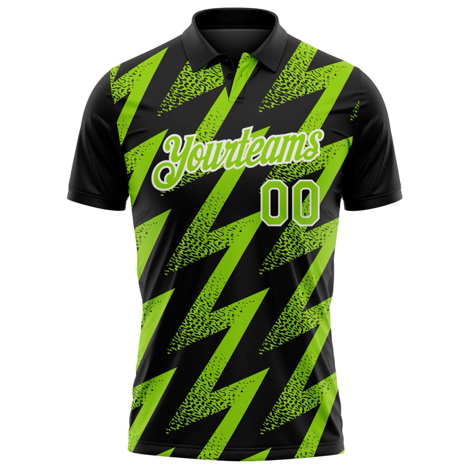 Custom Black Neon Green-White Geometric Zigzag Shape Lightning Performance Polo Shirt view 2