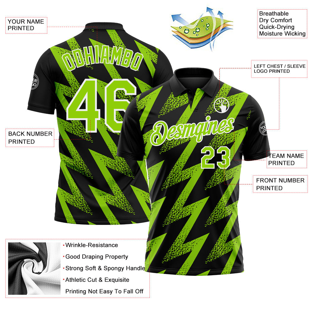 Custom Black Neon Green-White Geometric Zigzag Shape Lightning Performance Polo Shirt view 3