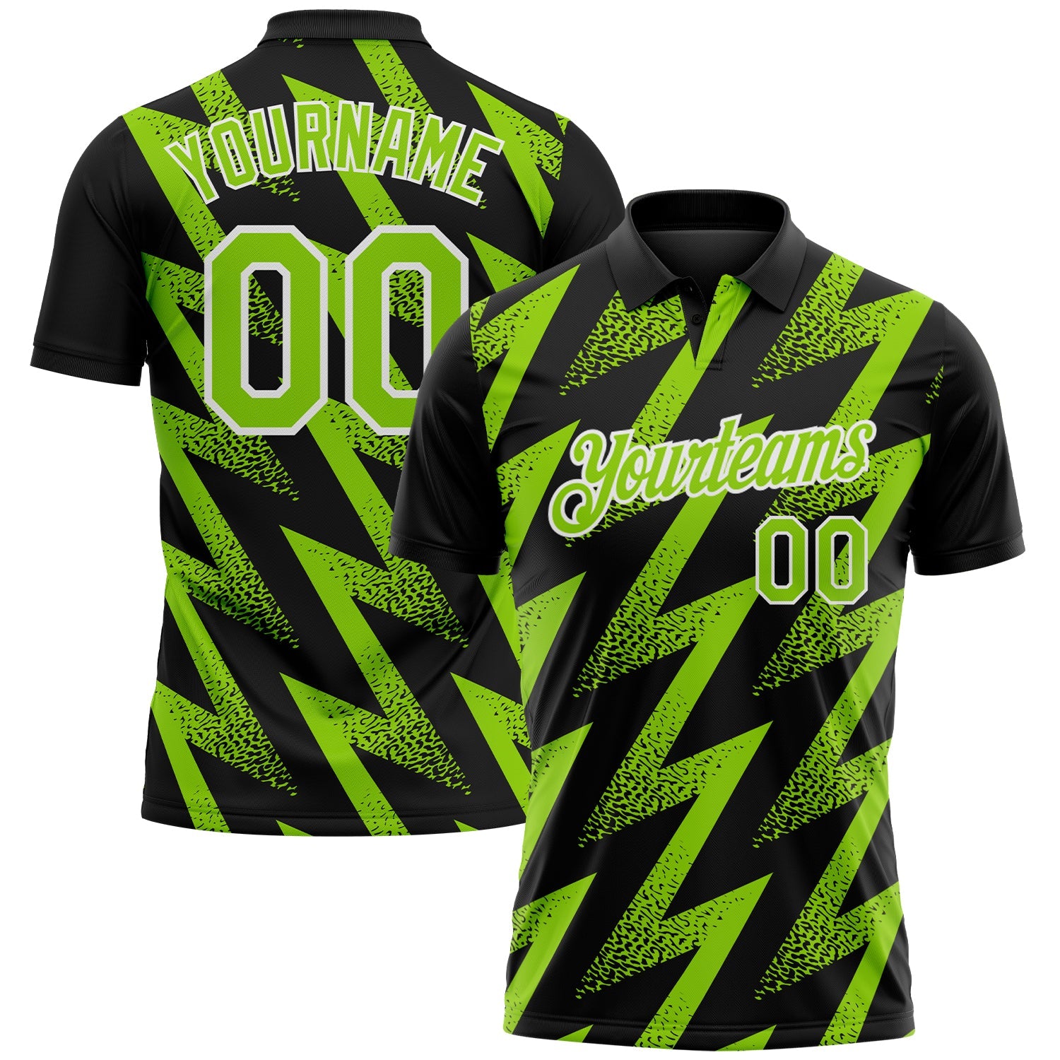 Custom Black Neon Green-White Geometric Zigzag Shape Lightning Performance Polo Shirt - Main View