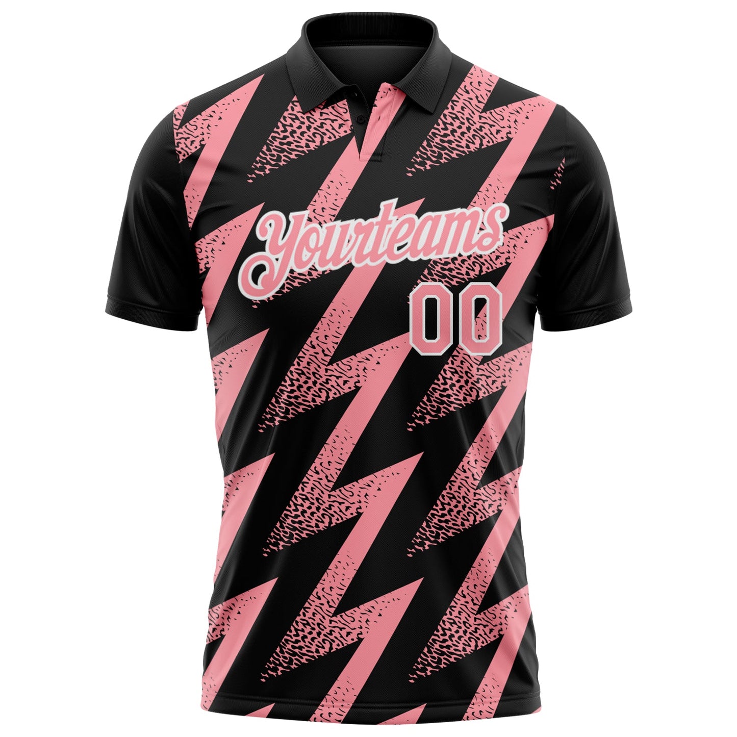 Custom Black Medium Pink-White Geometric Zigzag Shape Lightning Performance Polo Shirt view 2