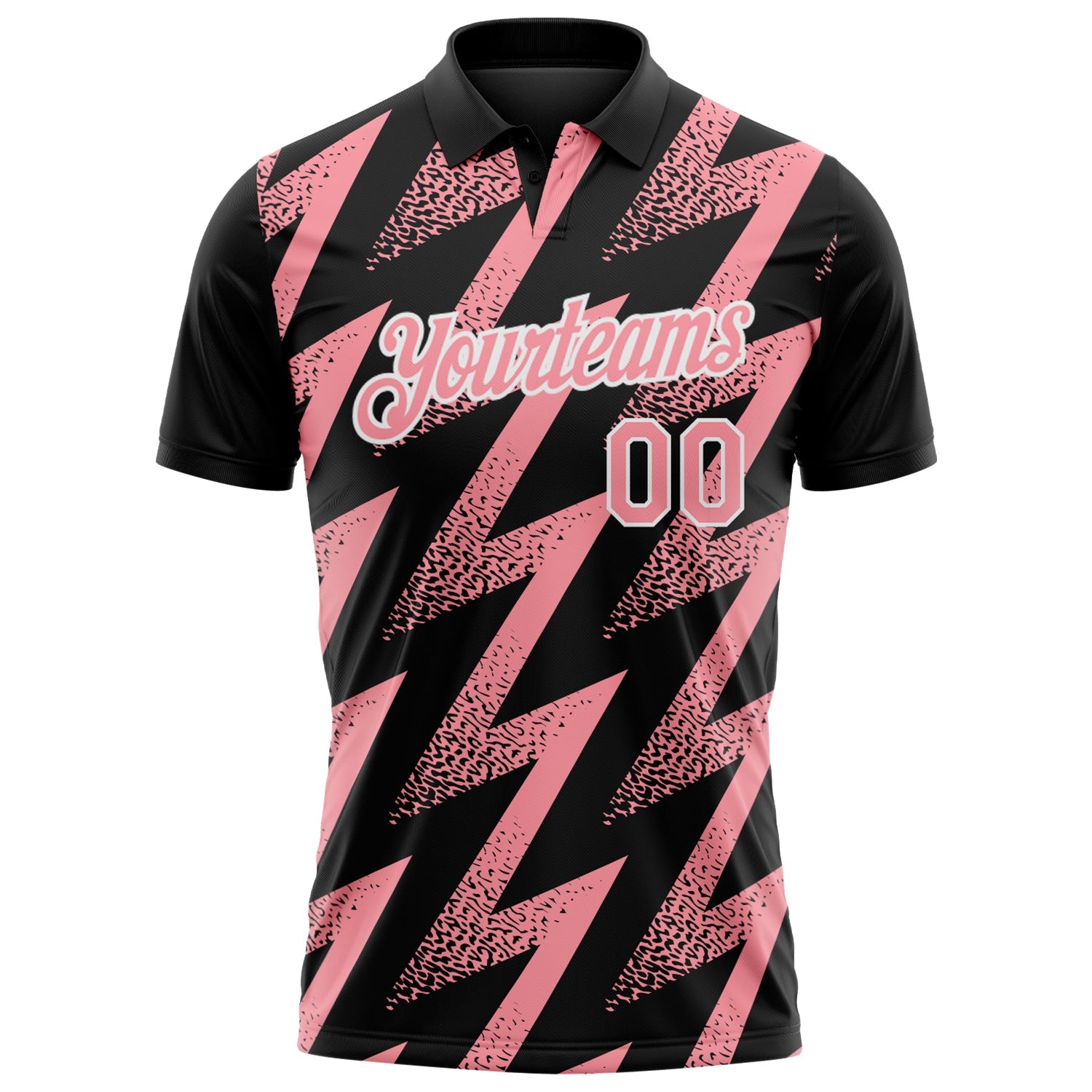 Custom Black Medium Pink-White Geometric Zigzag Shape Lightning Performance Polo Shirt view 2