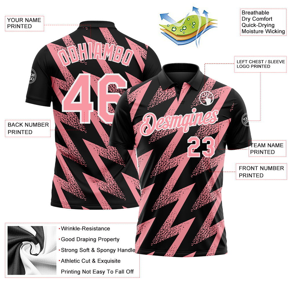 Custom Black Medium Pink-White Geometric Zigzag Shape Lightning Performance Polo Shirt view 3