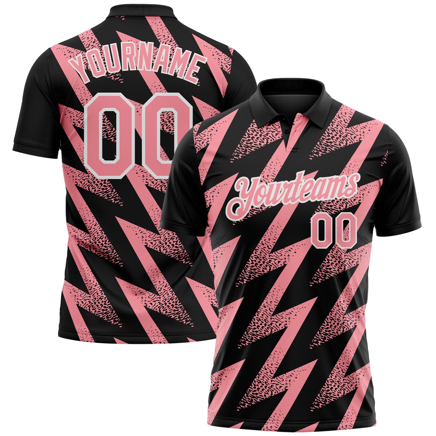 Custom Black Medium Pink-White Geometric Zigzag Shape Lightning Performance Polo Shirt - Main View