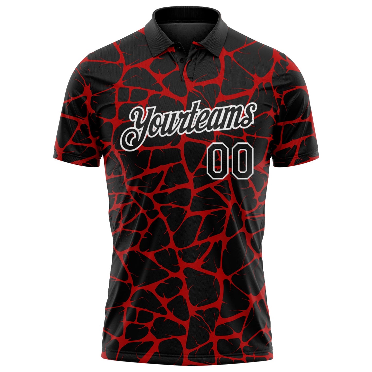 Custom Black Red-White 3D Pattern Abstract Network Crackle Performance Polo Shirt view 2