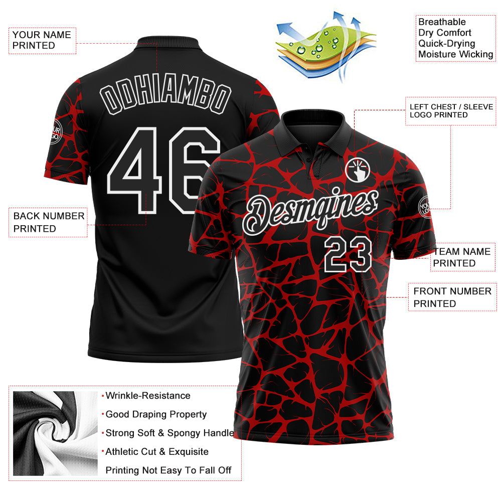 Custom Black Red-White 3D Pattern Abstract Network Crackle Performance Polo Shirt view 3