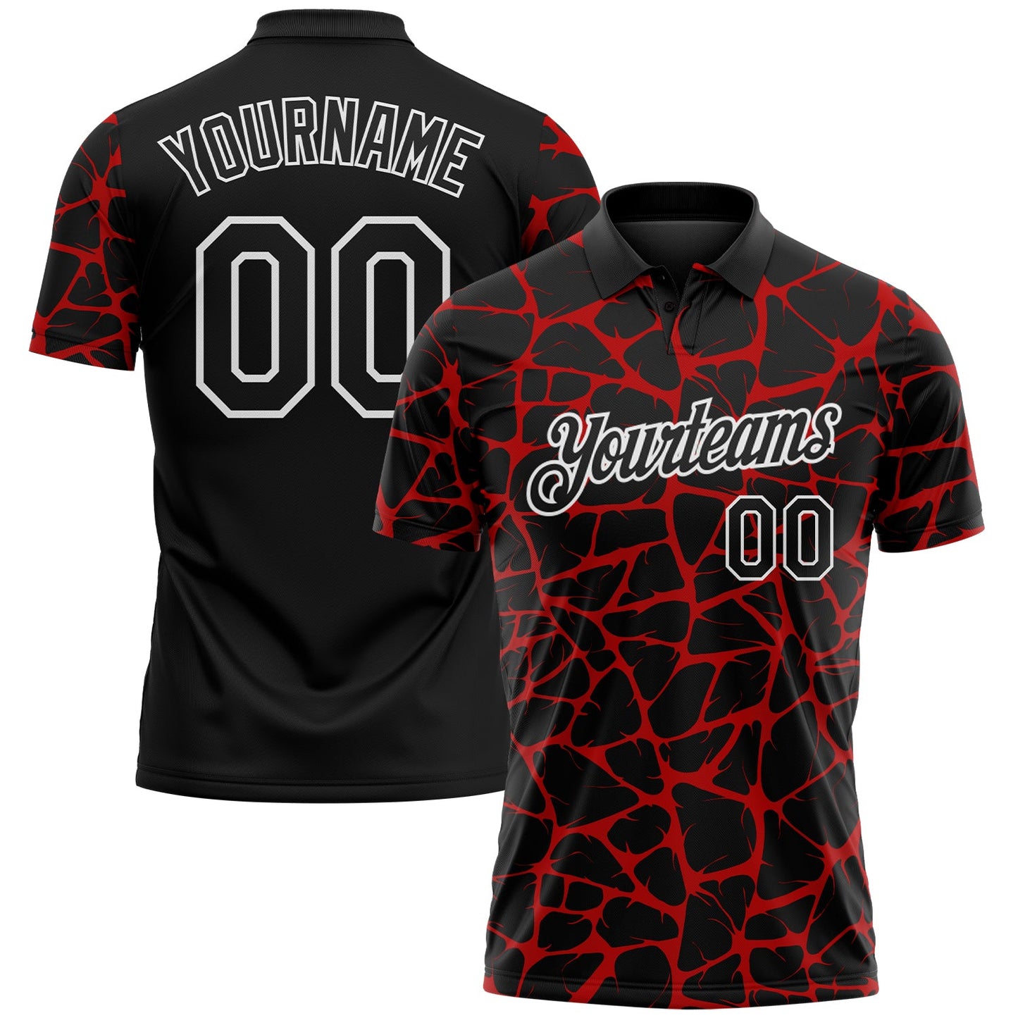 Custom Black Red-White 3D Pattern Abstract Network Crackle Performance Polo Shirt - Main View
