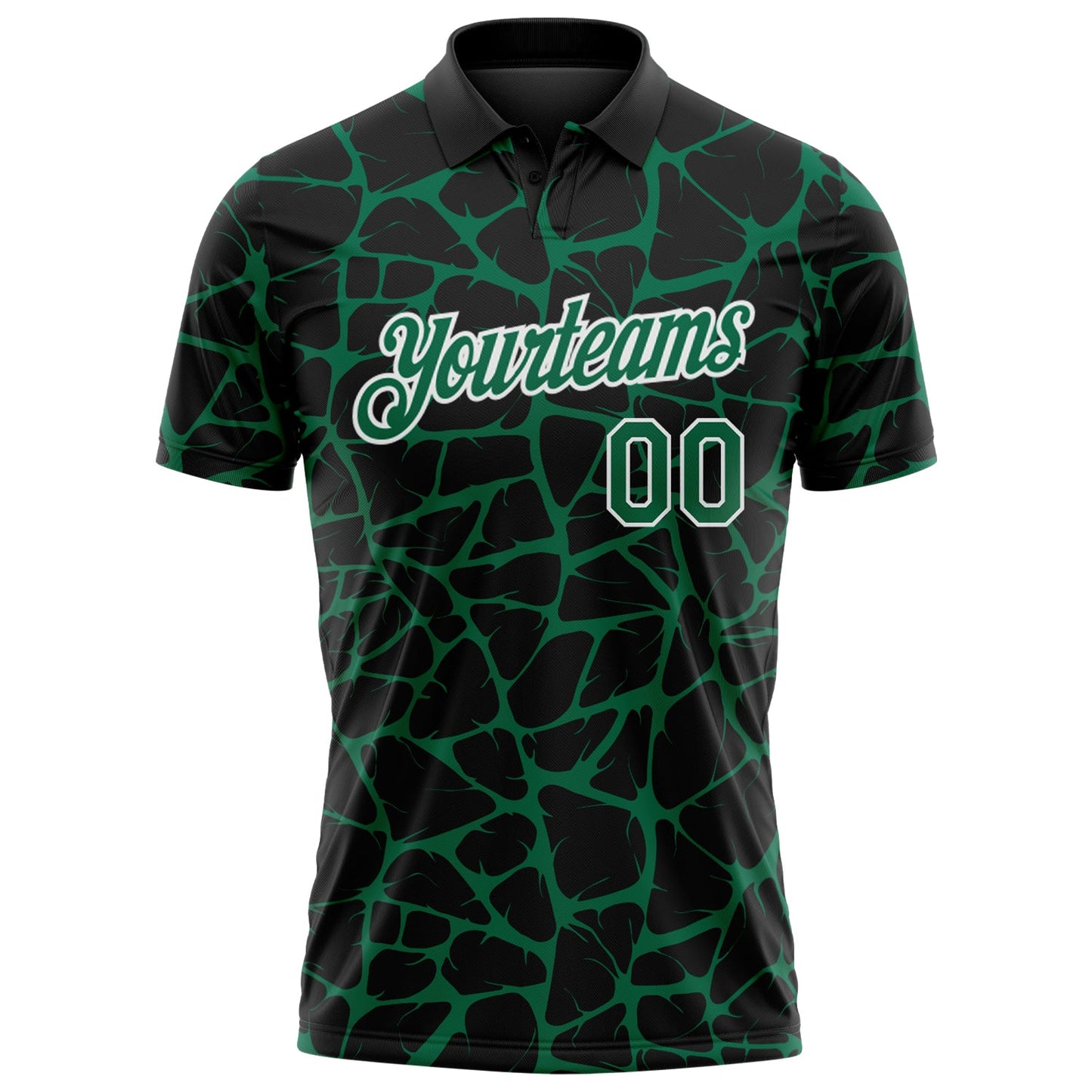 Custom Black Kelly Green-White 3D Pattern Abstract Network Crackle Performance Polo Shirt view 2