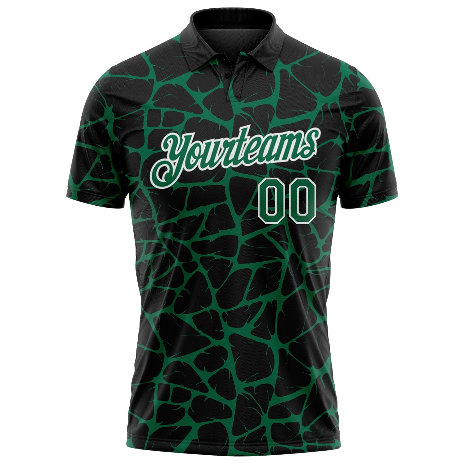 Custom Black Kelly Green-White 3D Pattern Abstract Network Crackle Performance Polo Shirt view 2