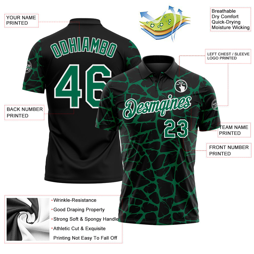 Custom Black Kelly Green-White 3D Pattern Abstract Network Crackle Performance Polo Shirt view 3
