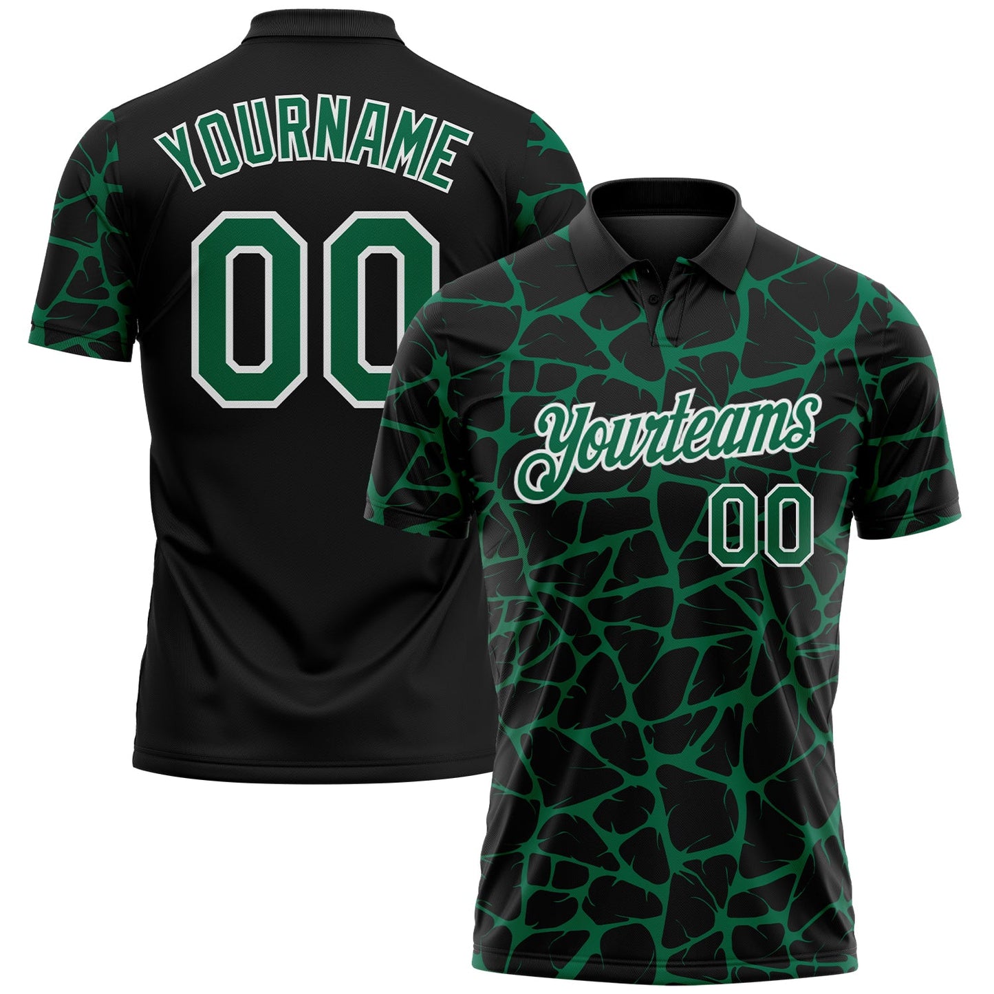 Custom Black Kelly Green-White 3D Pattern Abstract Network Crackle Performance Polo Shirt - Main View