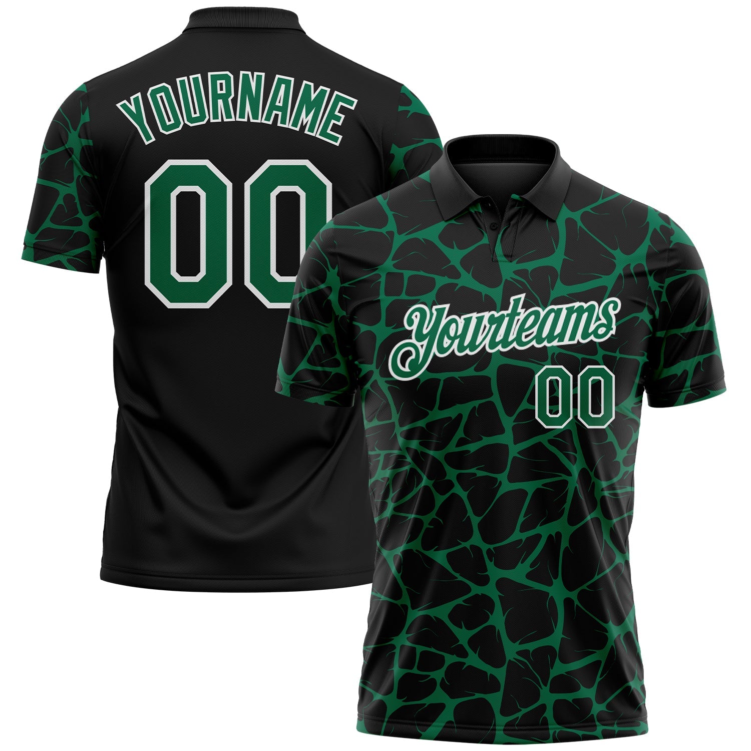 Custom Black Kelly Green-White 3D Pattern Abstract Network Crackle Performance Polo Shirt - Main View