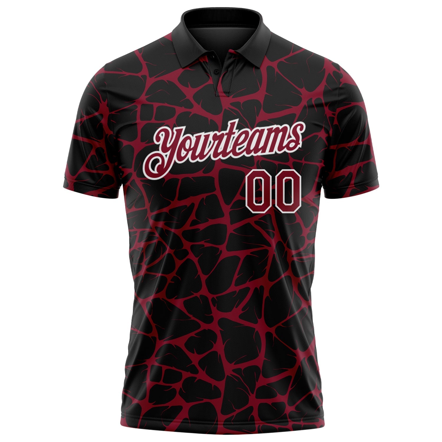 Custom Black Crimson-White 3D Pattern Abstract Network Crackle Performance Polo Shirt view 2