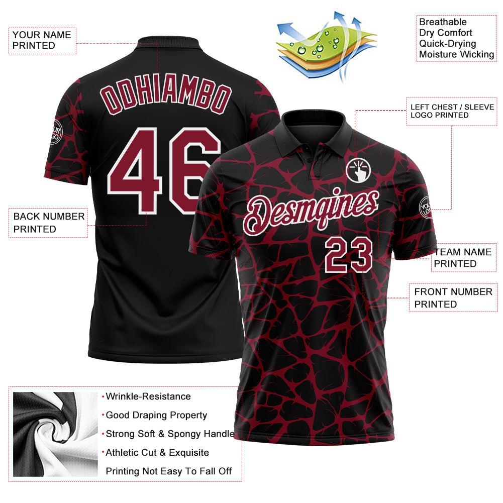 Custom Black Crimson-White 3D Pattern Abstract Network Crackle Performance Polo Shirt view 3