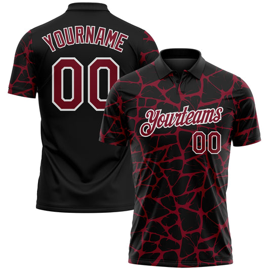Custom Black Crimson-White 3D Pattern Abstract Network Crackle Performance Polo Shirt - Main View
