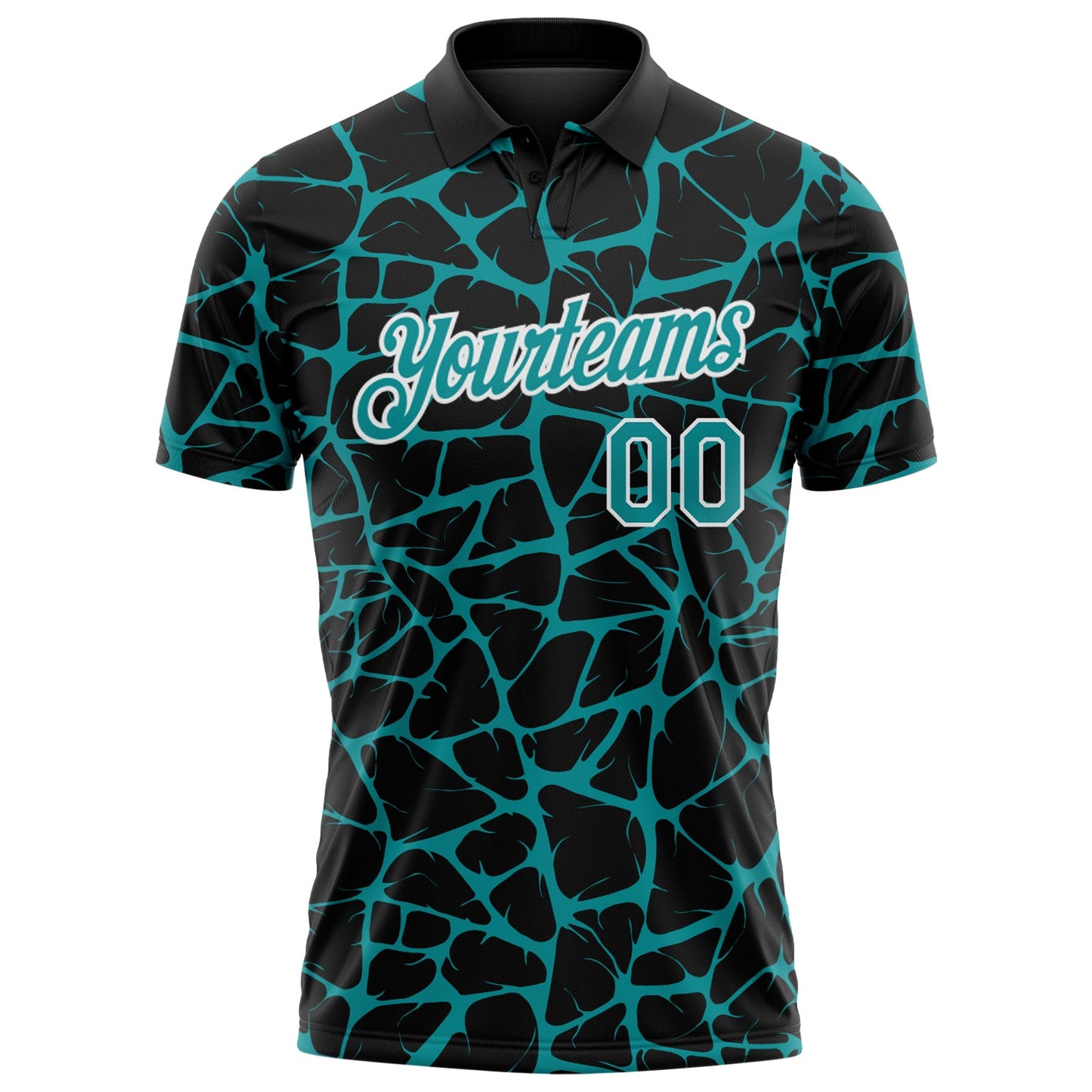 Custom Black Teal-White 3D Pattern Abstract Network Crackle Performance Polo Shirt view 2