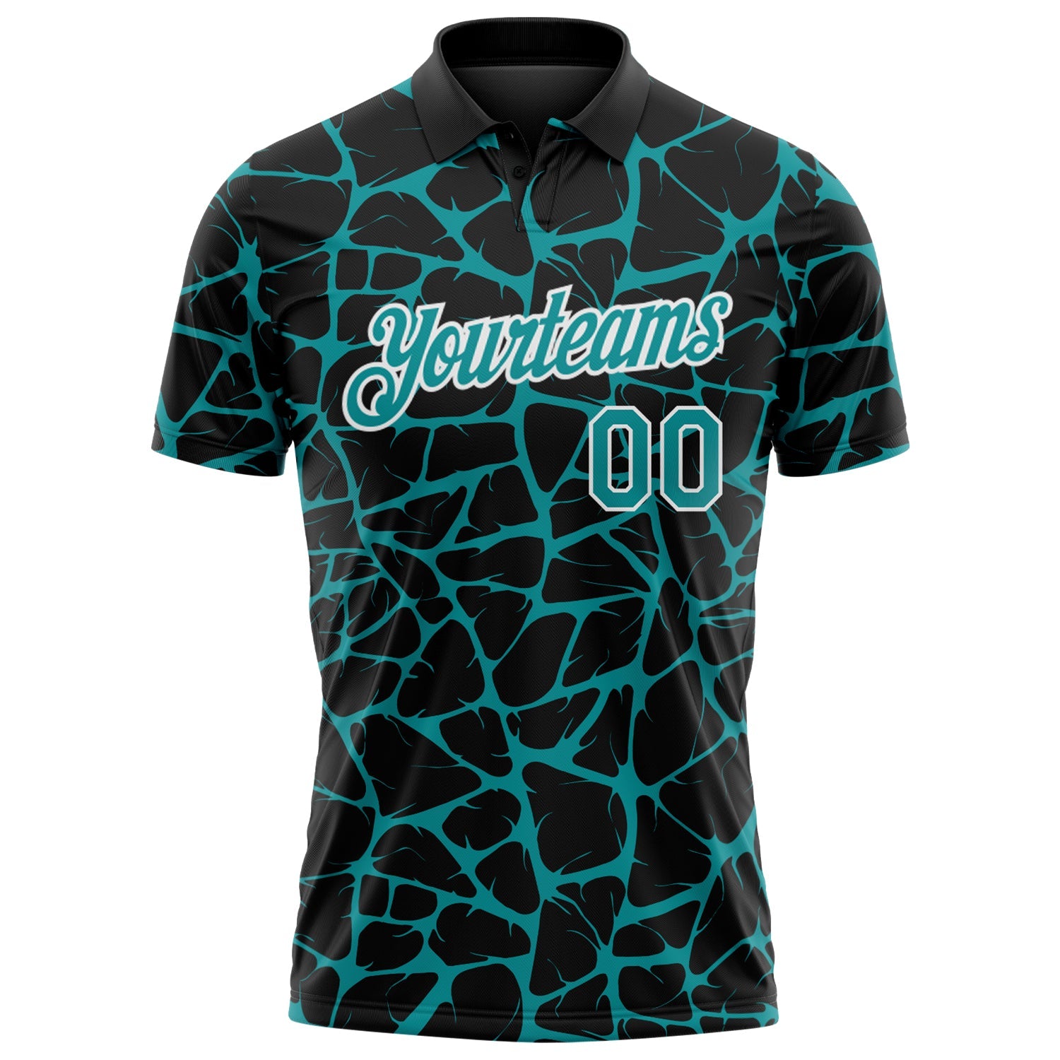 Custom Black Teal-White 3D Pattern Abstract Network Crackle Performance Polo Shirt view 2