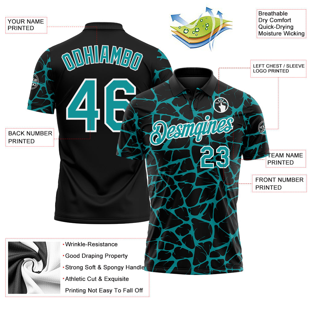 Custom Black Teal-White 3D Pattern Abstract Network Crackle Performance Polo Shirt view 3