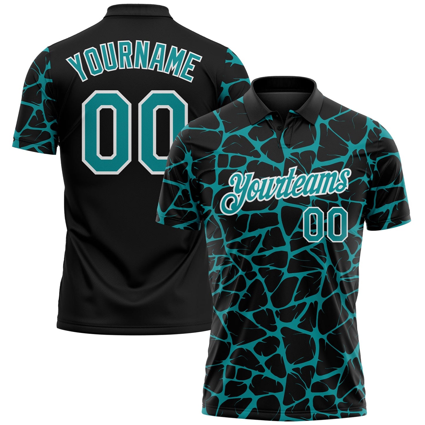 Custom Black Teal-White 3D Pattern Abstract Network Crackle Performance Polo Shirt - Main View