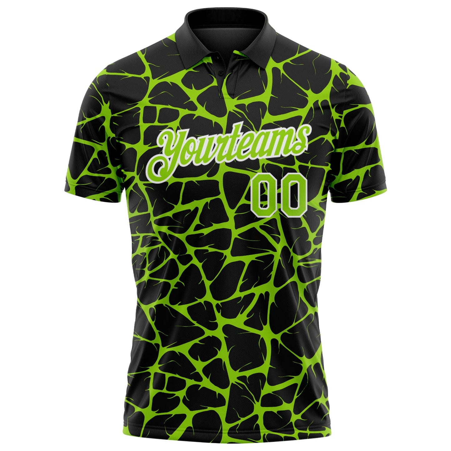 Custom Black Neon Green-White 3D Pattern Abstract Network Crackle Performance Polo Shirt view 2