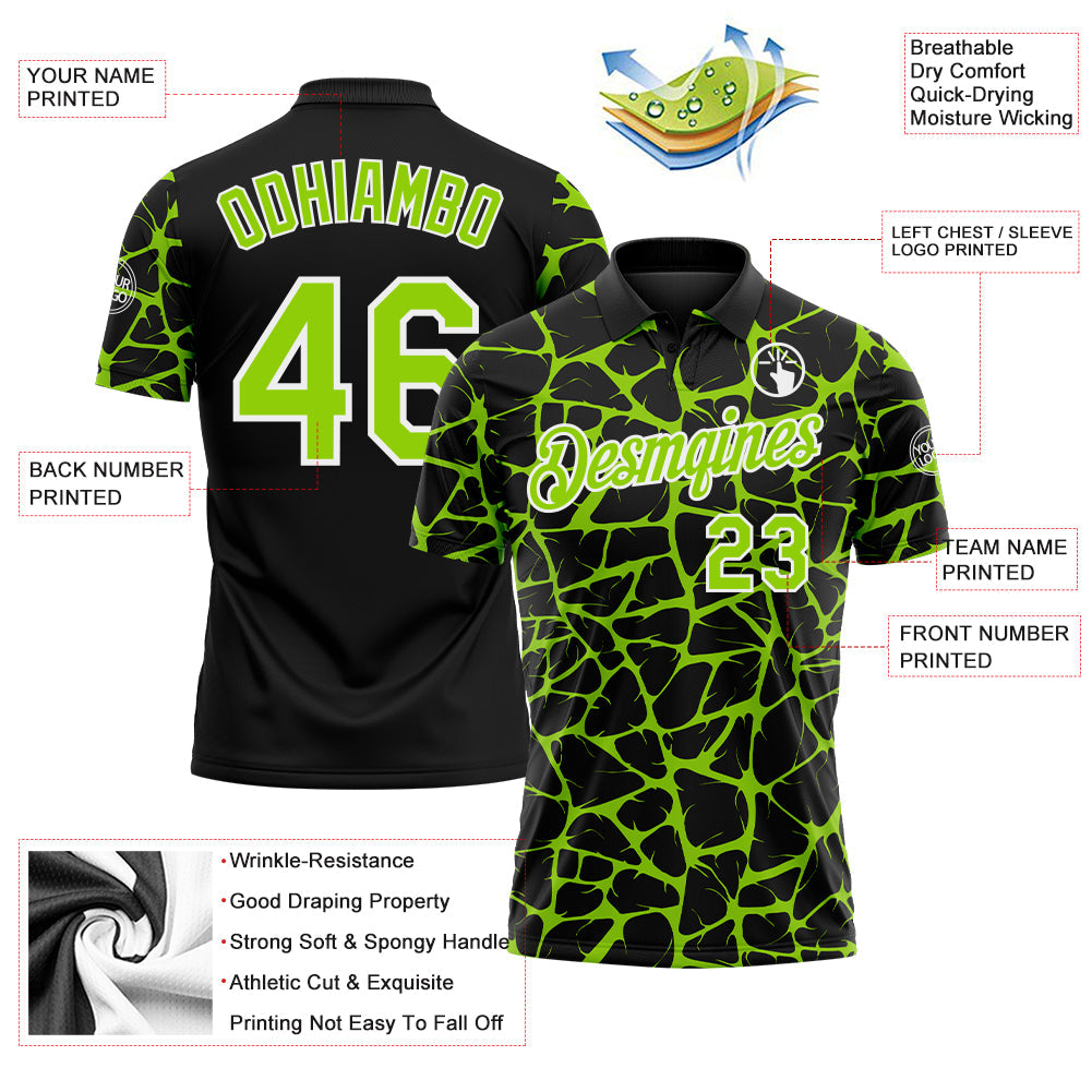 Custom Black Neon Green-White 3D Pattern Abstract Network Crackle Performance Polo Shirt view 3
