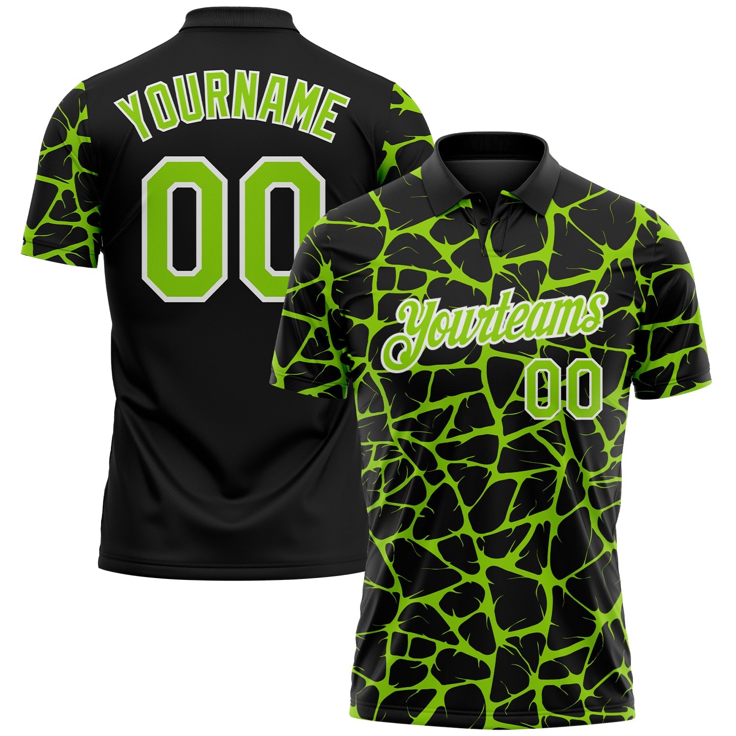 Custom Black Neon Green-White 3D Pattern Abstract Network Crackle Performance Polo Shirt - Main View