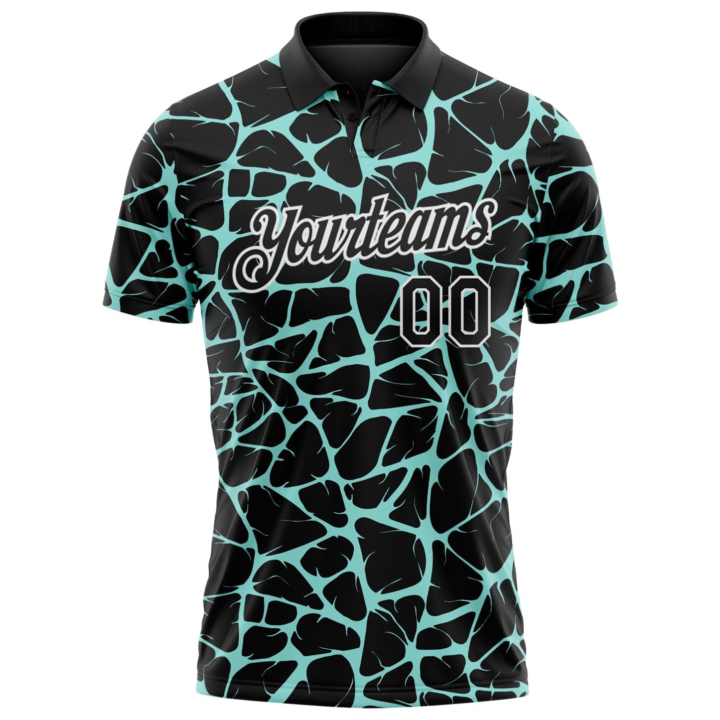 Custom Black Ice Blue-White 3D Pattern Abstract Network Crackle Performance Polo Shirt view 2