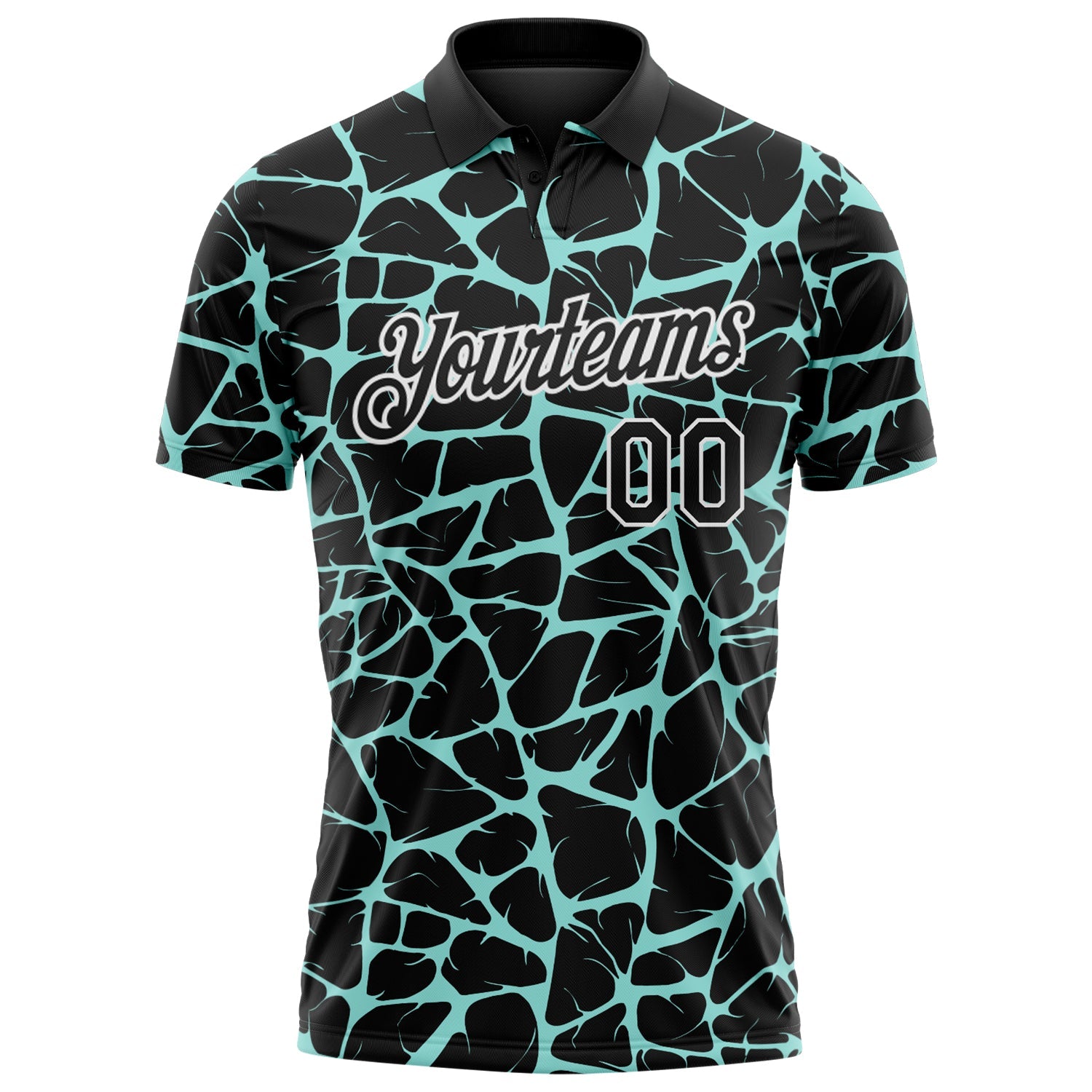Custom Black Ice Blue-White 3D Pattern Abstract Network Crackle Performance Polo Shirt view 2