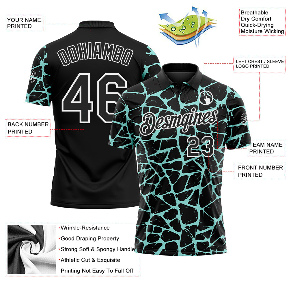 Custom Black Ice Blue-White 3D Pattern Abstract Network Crackle Performance Polo Shirt view 3